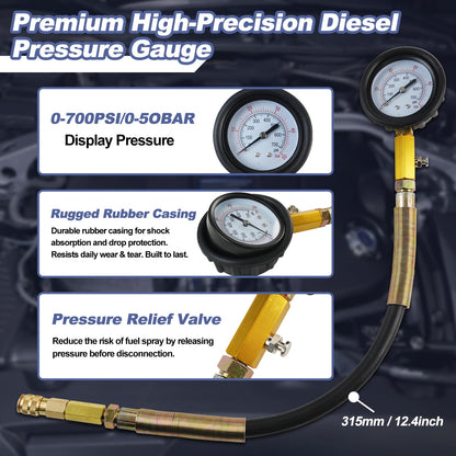 Engine Compression & Leak Down Tester Kit – 47PCS Dual Gauge Compression Tester – Petrol & Diesel Cylinder Leak Test Tool – Automotive Engine Diagnostic Set – HDI TDCi Pumpe Duse Compatible