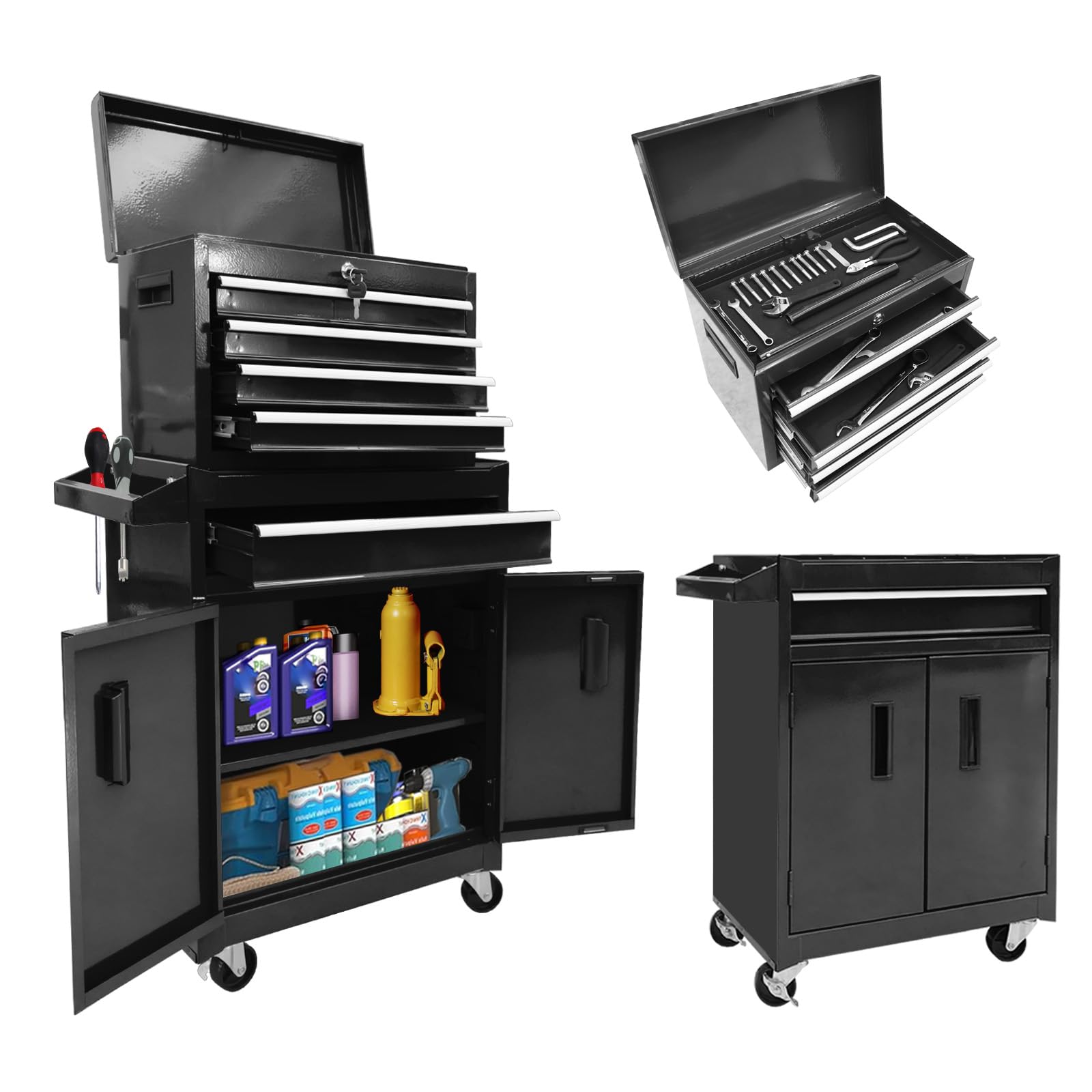 Rolling Tool Chest – 5 Drawer Metal Tool Box – Lockable Wheels – Removable Top Cabinet – Adjustable Shelf – Garage Workshop Storage Cabinet