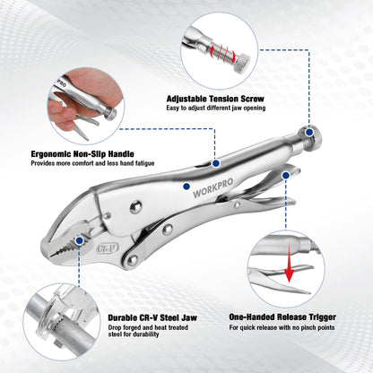 Locking Pliers Set – 5PCS Vice Grip Tool Kit – Chrome Vanadium Steel – Curved Jaw & Long Nose Pliers – Automotive Repair Tool Set