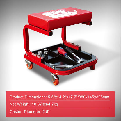 Mechanic Creeper Seat – Rolling Garage Stool – Padded Workshop Seat – Tool Tray Storage – Automotive Repair Shop Seat