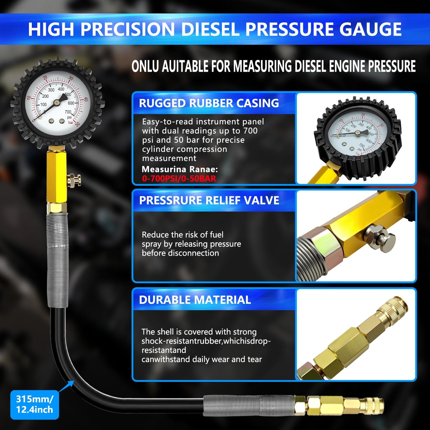 Engine Compression & Leak Down Tester Kit – 46PCS Dual Gauge Compression & Leakage Test Set – Petrol & Diesel Cylinder Diagnostic Tool – Automotive Engine Pressure Tester – HDI TDCi Pumpe Duse Compatible