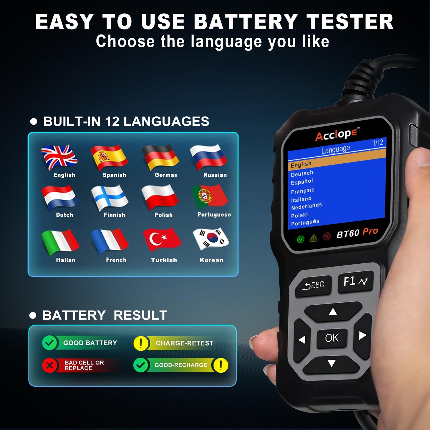 Car Battery Tester – 6V/12V/24V – 2–120Ah – 100–3000CCA – AGM Gel Lithium – Alternator Starter Charging System Analyzer – QR Cloud Report – Digital Checker