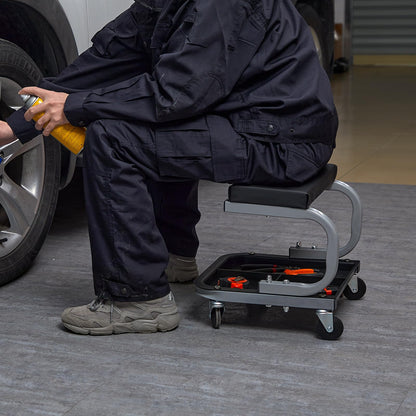 Rolling Creeper Seat – Garage Shop Stool – 250LB Capacity Padded Mechanic Seat – Tool Tray Storage – Automotive Repair Workshop Stool