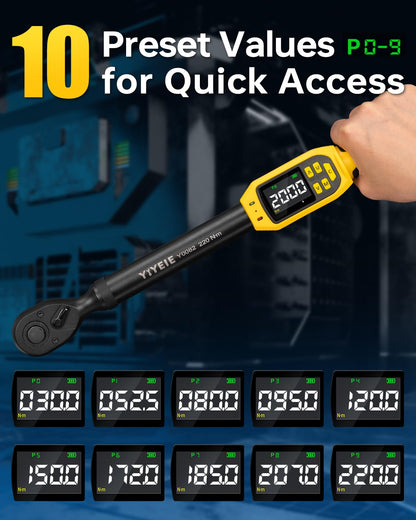 Digital Torque Wrench – 1/2" Drive – 8.5-160 ft-lb / 10-220 N·m – ±1% Accuracy – LED & Buzzer Alert – Socket Set – Automotive Repair Tool