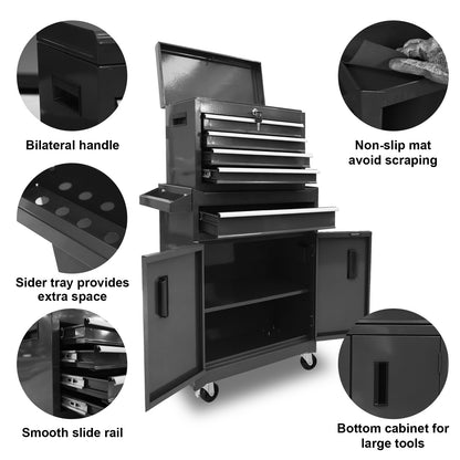 Rolling Tool Chest – 5 Drawer Metal Tool Box – Lockable Wheels – Removable Top Cabinet – Adjustable Shelf – Garage Workshop Storage Cabinet