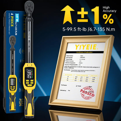 Digital Torque Wrench – 3/8" Drive – 5-99.5 ft-lb – ±1% Accuracy – Smart Alert – Electric Torque Tool – Extension Bars – Automotive Repair