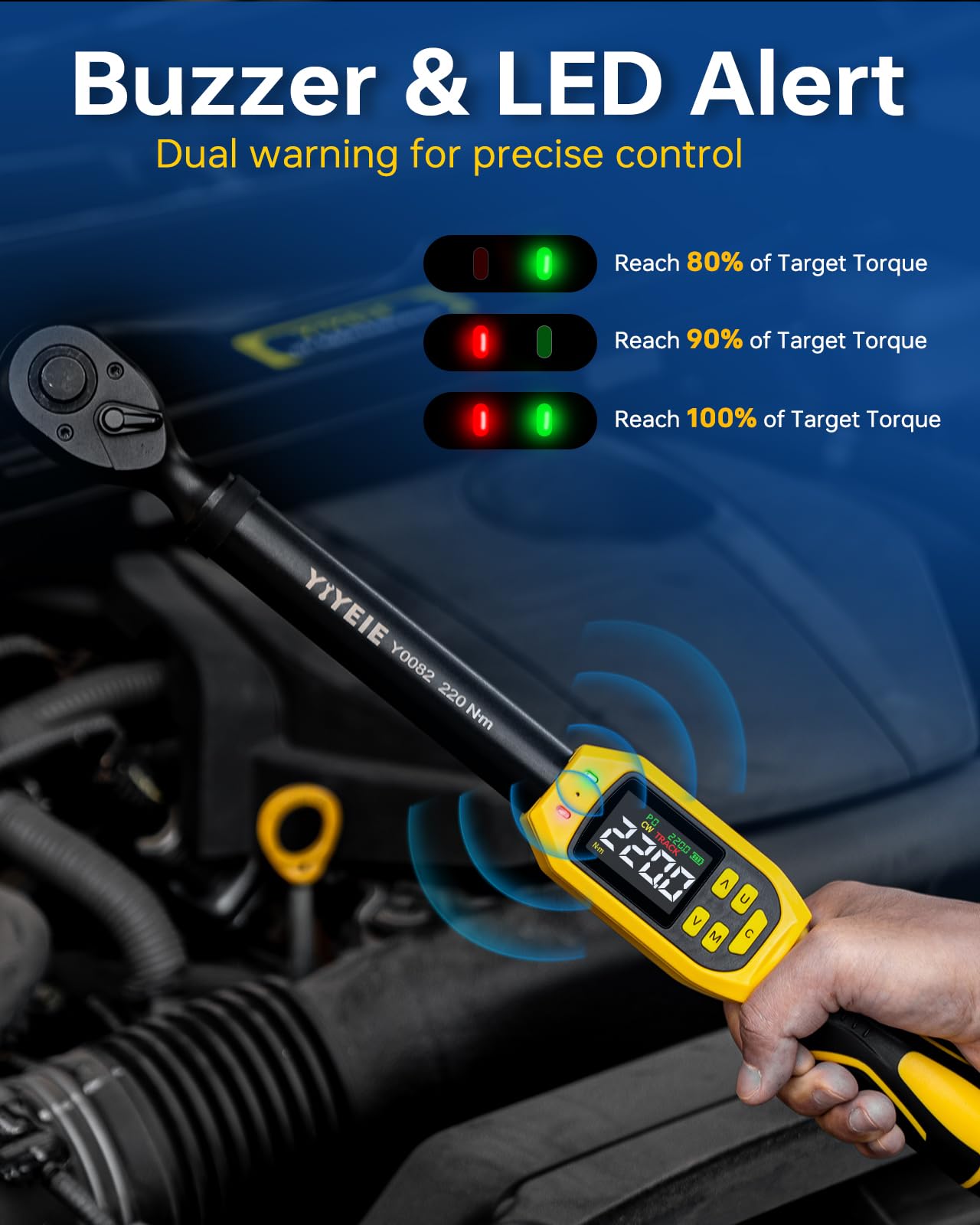 Digital Torque Wrench – 1/2" Drive – 8.5-160 ft-lb / 10-220 N·m – ±1% Accuracy – LED & Buzzer Alert – Socket Set – Automotive Repair Tool