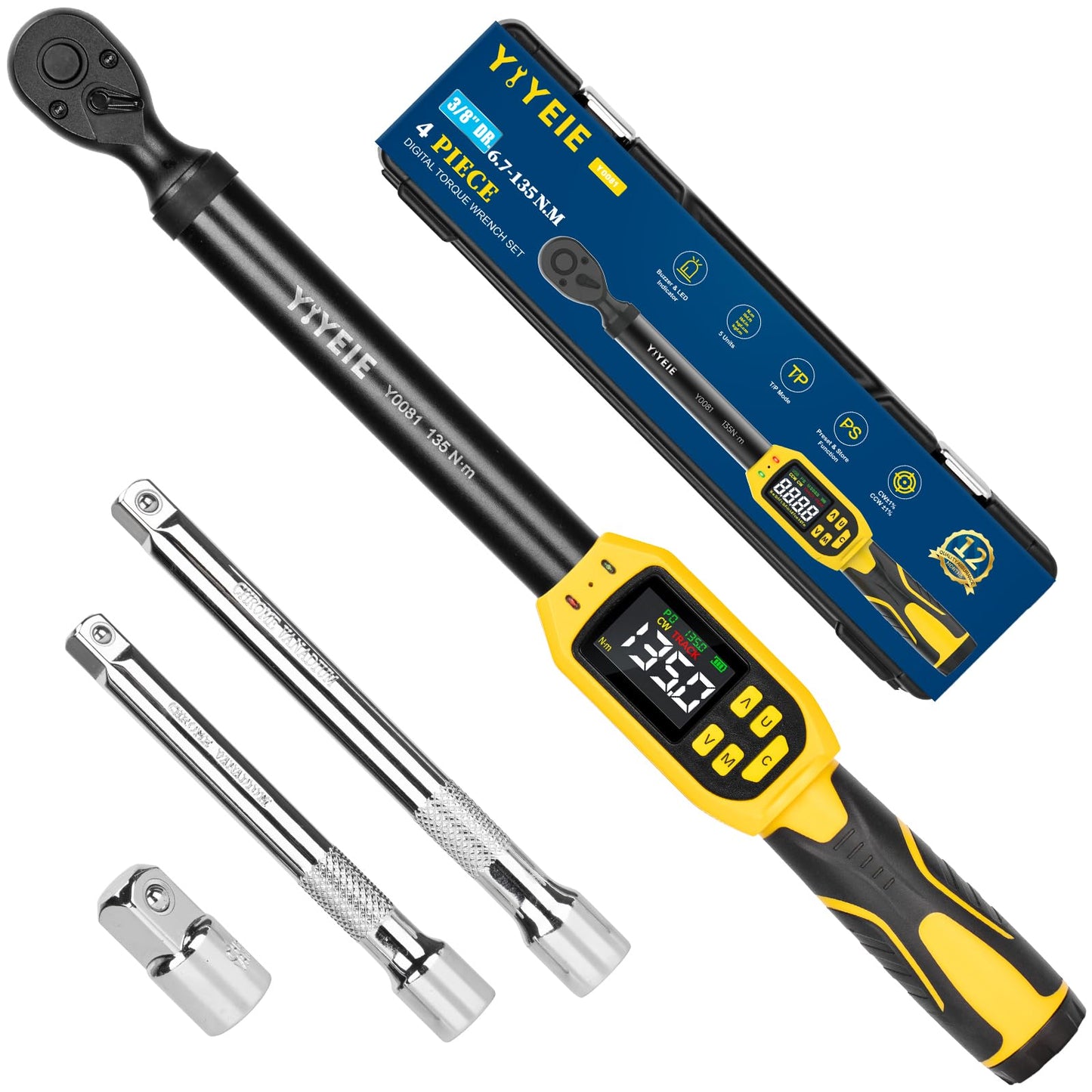 Digital Torque Wrench – 3/8" Drive – 5-99.5 ft-lb – ±1% Accuracy – Smart Alert – Electric Torque Tool – Extension Bars – Automotive Repair