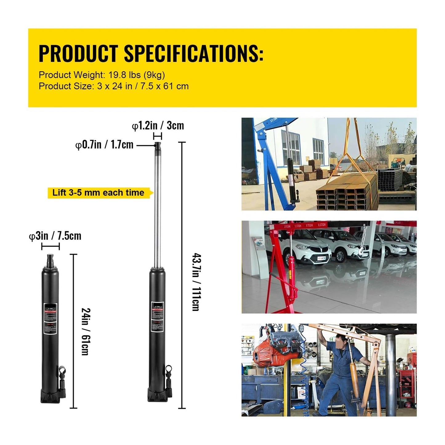 Hydraulic Engine Hoist Jack – 8 Ton Long Ram – Cherry Picker Lift Cylinder – Manual Pump Garage Shop Crane & Car Lifting Tool