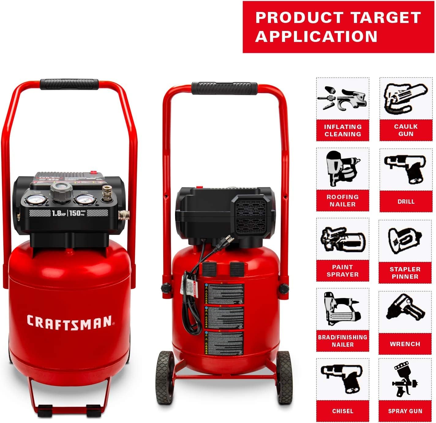 Air Compressor – 10 Gallon – 150 PSI Max – 1.8 HP – Oil-Free Portable Compressor – 4 CFM @ 90 PSI – 120V – Garage & Auto Repair Tool