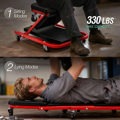 Rolling Creeper Seat – 2-in-1 Foldable Mechanic Creeper – 40" Garage Stool – 150kg Capacity – 6 Wheel Workshop Seat – Automotive Repair Tool