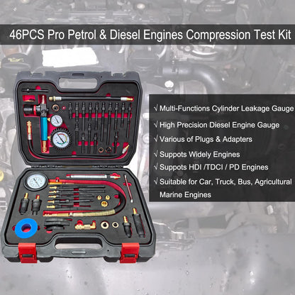 Engine Compression & Leak Down Tester Kit – Diesel & Petrol Diagnostic Tool – Dual Gauge Cylinder Pressure Tester – Automotive Engine Maintenance Scan Kit