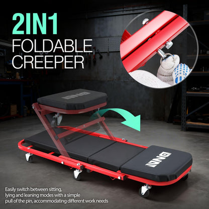 Rolling Creeper Seat – 2-in-1 Foldable Mechanic Creeper – 40" Garage Stool – 150kg Capacity – 6 Wheel Workshop Seat – Automotive Repair Tool