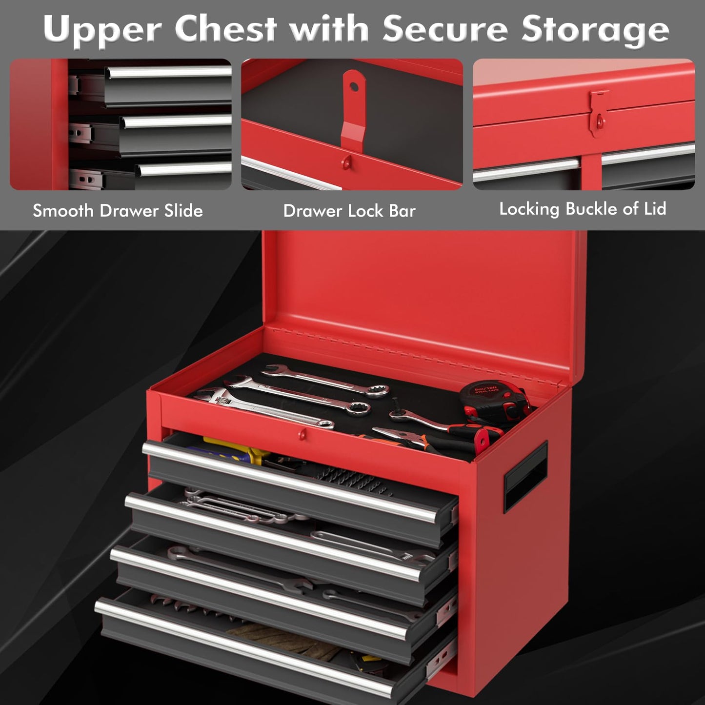 Rolling Tool Chest – 5 Drawer Tool Box – Lockable Wheels – Sliding Drawers – Detachable Top – Adjustable Shelf – Garage Workshop Storage Cabinet