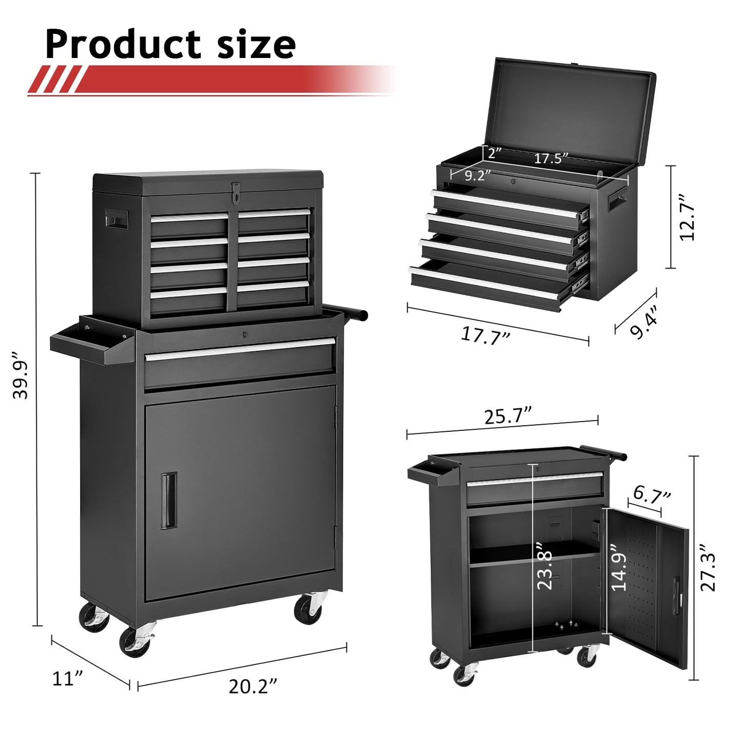 Rolling Tool Chest – 5 Drawer Metal Tool Cabinet – Detachable Top Box – Lockable Wheels – Garage Workshop Storage Cart – Tool Organizer