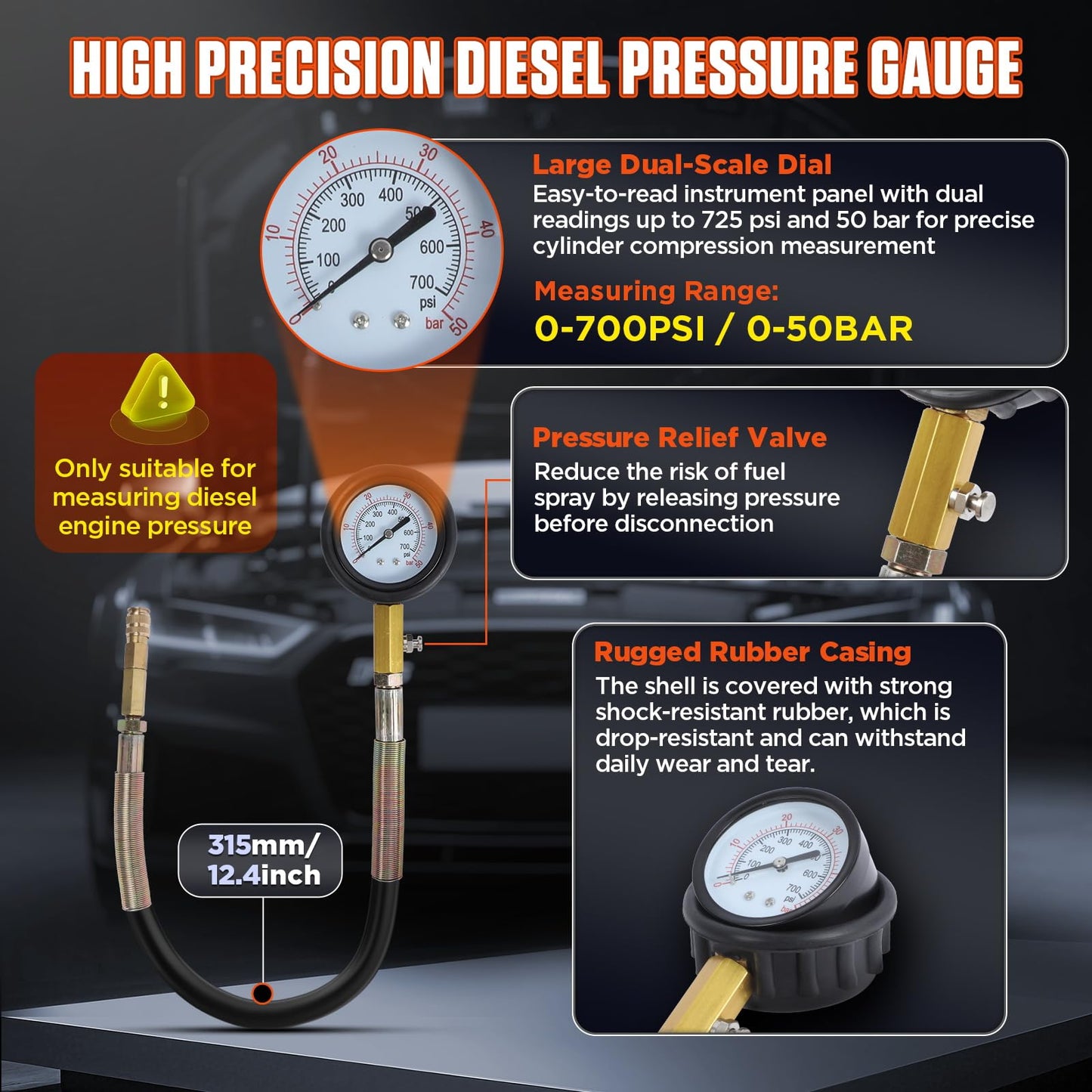 Engine Compression Tester Kit – 46PCS Petrol & Diesel Cylinder Leak Down Test Kit – Dual Gauge Compression & Leakage Diagnostic Tool – Automotive Engine Compression Gauge Set – HDI TDCi Compatible