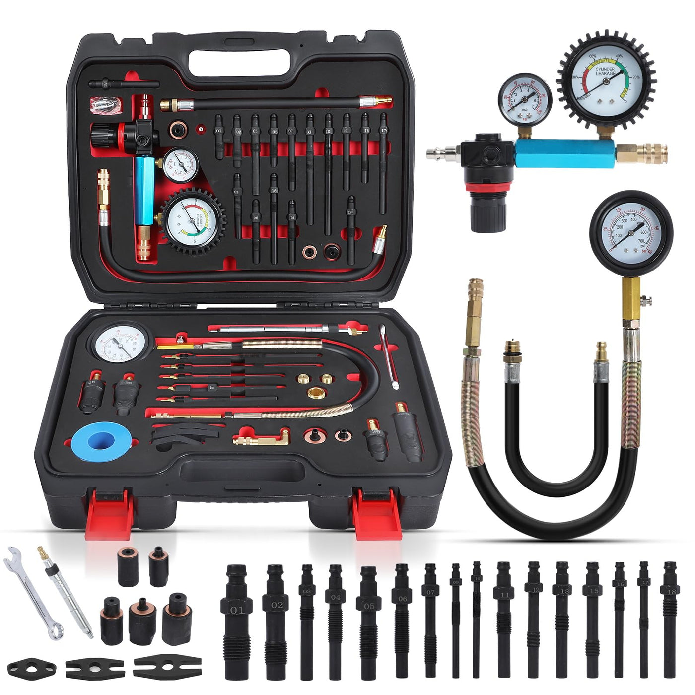 Engine Compression Tester Kit – 46PCS Petrol & Diesel Cylinder Leak Down Test Kit – Dual Gauge Compression & Leakage Diagnostic Tool – Automotive Engine Compression Gauge Set – HDI TDCi Compatible