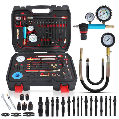 Engine Compression Tester Kit – 46PCS Petrol & Diesel Cylinder Leak Down Test Kit – Dual Gauge Compression & Leakage Diagnostic Tool – Automotive Engine Compression Gauge Set – HDI TDCi Compatible