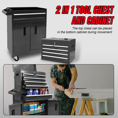 Rolling Tool Chest – 5 Drawer Metal Tool Box – Lockable Wheels – Removable Top Cabinet – Adjustable Shelf – Garage Workshop Storage Cabinet