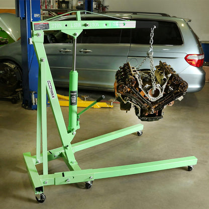 Engine Hoist – 2 Ton Foldable Cherry Picker Crane – Adjustable Boom – 4 Wheel Steel Caster Lift – Garage Engine Removal & Transport Tool