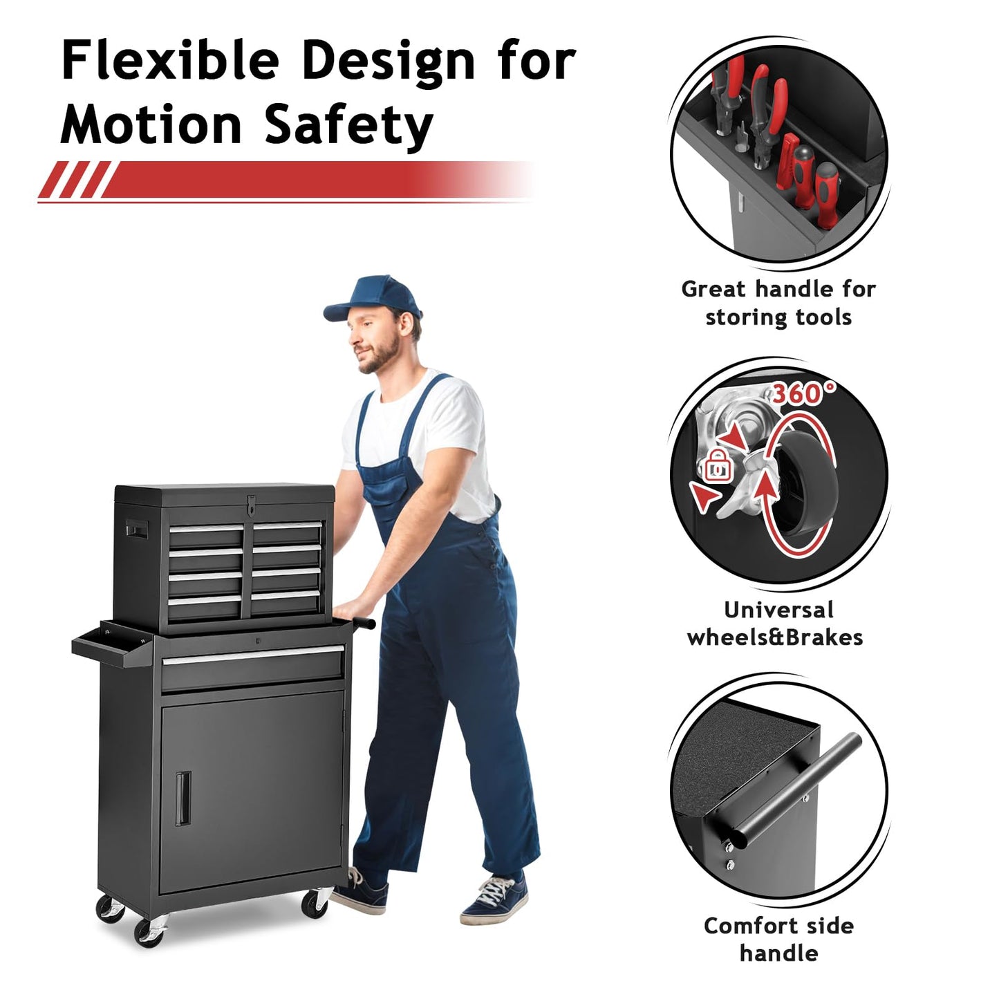 Rolling Tool Chest – 5 Drawer Metal Tool Cabinet – Detachable Top Box – Lockable Wheels – Garage Workshop Storage Cart – Tool Organizer