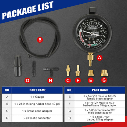 Fuel Pump & Vacuum Tester Gauge Kit – Carburetor Pressure Diagnostic Tool – Fuel System Leakage Tester – Automotive Vacuum & Pressure Test Kit