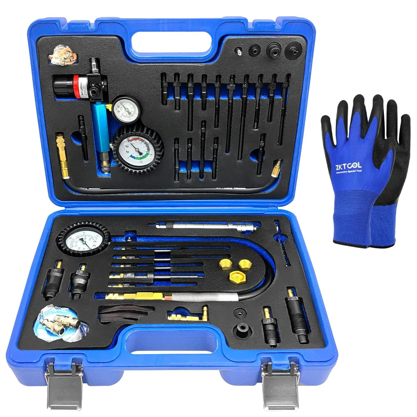 Engine Compression & Leak Down Tester Kit – 46PCS Dual Gauge Compression & Leakage Test Set – Petrol & Diesel Cylinder Diagnostic Tool – Automotive Engine Pressure Tester – HDI TDCi Pumpe Duse Compatible