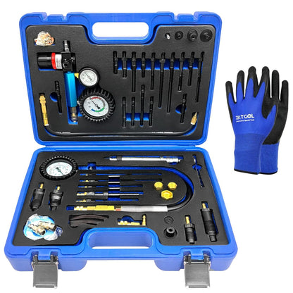 Engine Compression & Leak Down Tester Kit – 46PCS Dual Gauge Compression & Leakage Test Set – Petrol & Diesel Cylinder Diagnostic Tool – Automotive Engine Pressure Tester – HDI TDCi Pumpe Duse Compatible