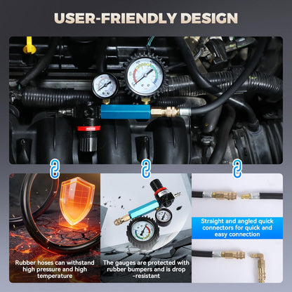Diesel & Petrol Engine Compression Tester Kit – 47PCS Cylinder Leak Down Diagnostic Tool – Dual Gauge Compression Gauge – HDI TDCi Pumpe Duse Engine Test Kit – Automotive Maintenance Tool