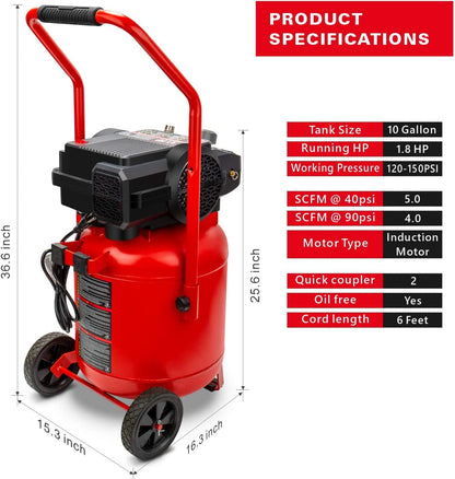 Air Compressor – 10 Gallon – 150 PSI Max – 1.8 HP – Oil-Free Portable Compressor – 4 CFM @ 90 PSI – 120V – Garage & Auto Repair Tool