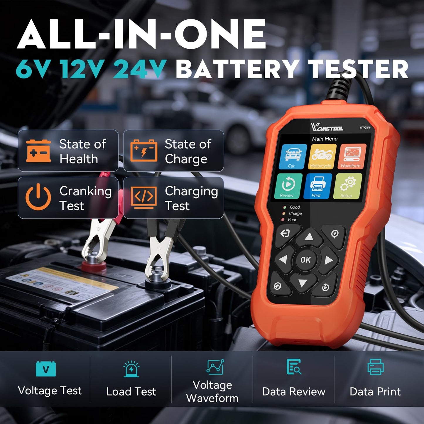 Car Battery Tester – 6V/12V/24V – 5-3000CCA – Battery Load Tester – Starter Alternator Charging Cranking System Analyzer – Car Truck Motorcycle ATV Boat