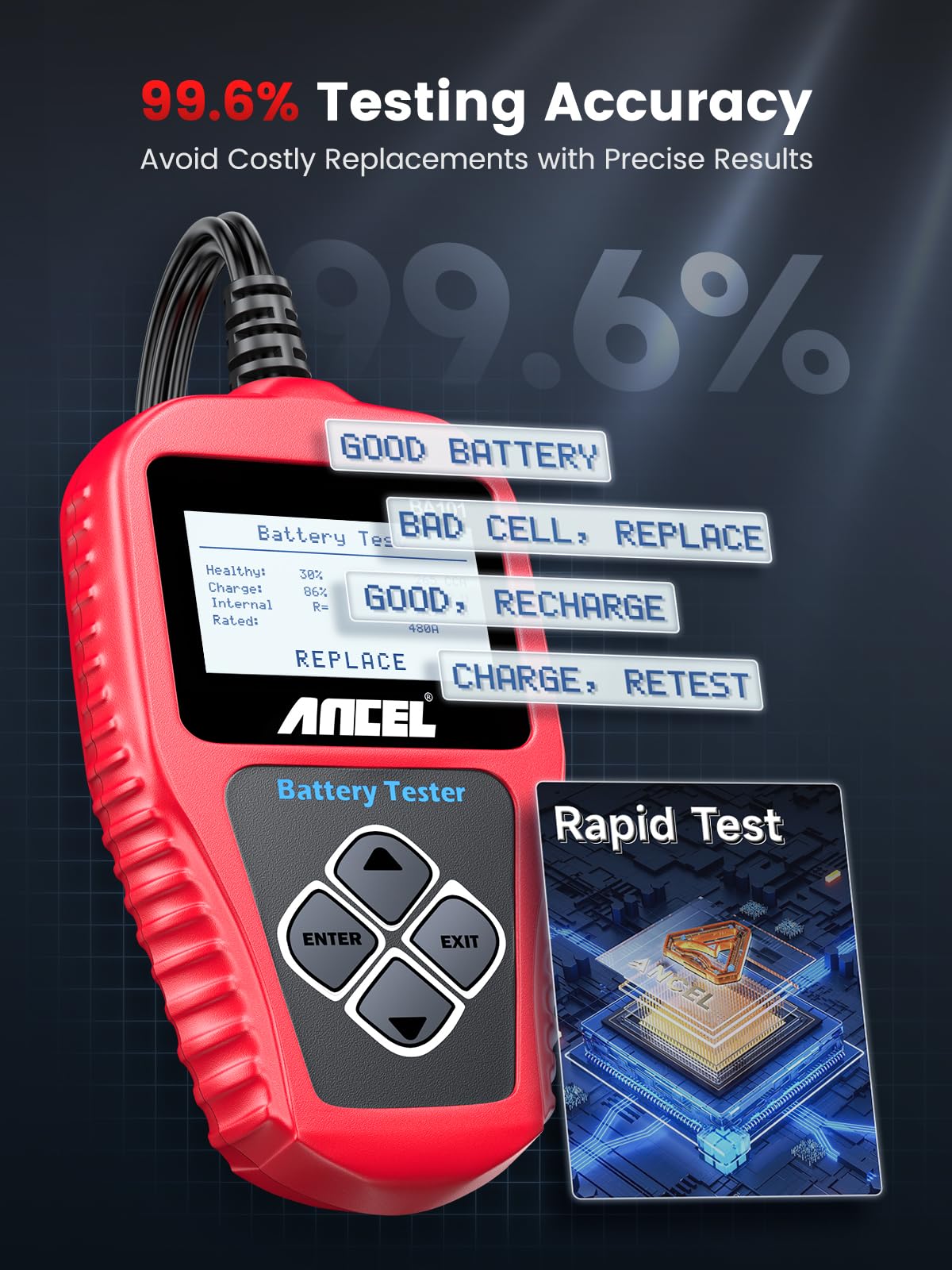 Car Battery Tester – 12V Digital Battery Load Tester – Alternator Starter Charging Cranking Analyzer – 100-2000CCA – Automotive Diagnostic Tool – Car Truck Boat RV Marine