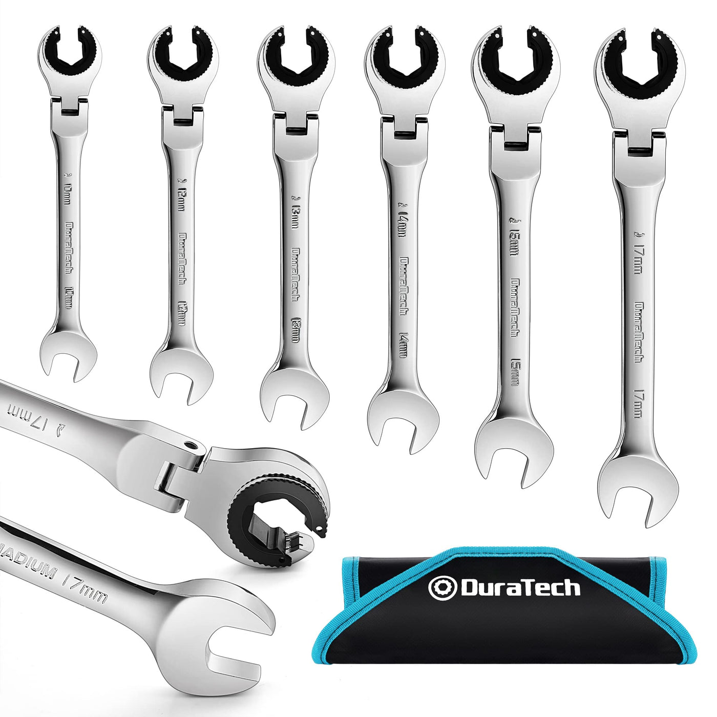 Ratcheting Wrench Set – 6PCS Metric – 10-17mm – 72-Tooth Flex Head – CR-V Steel – Open End – Organizer Bag