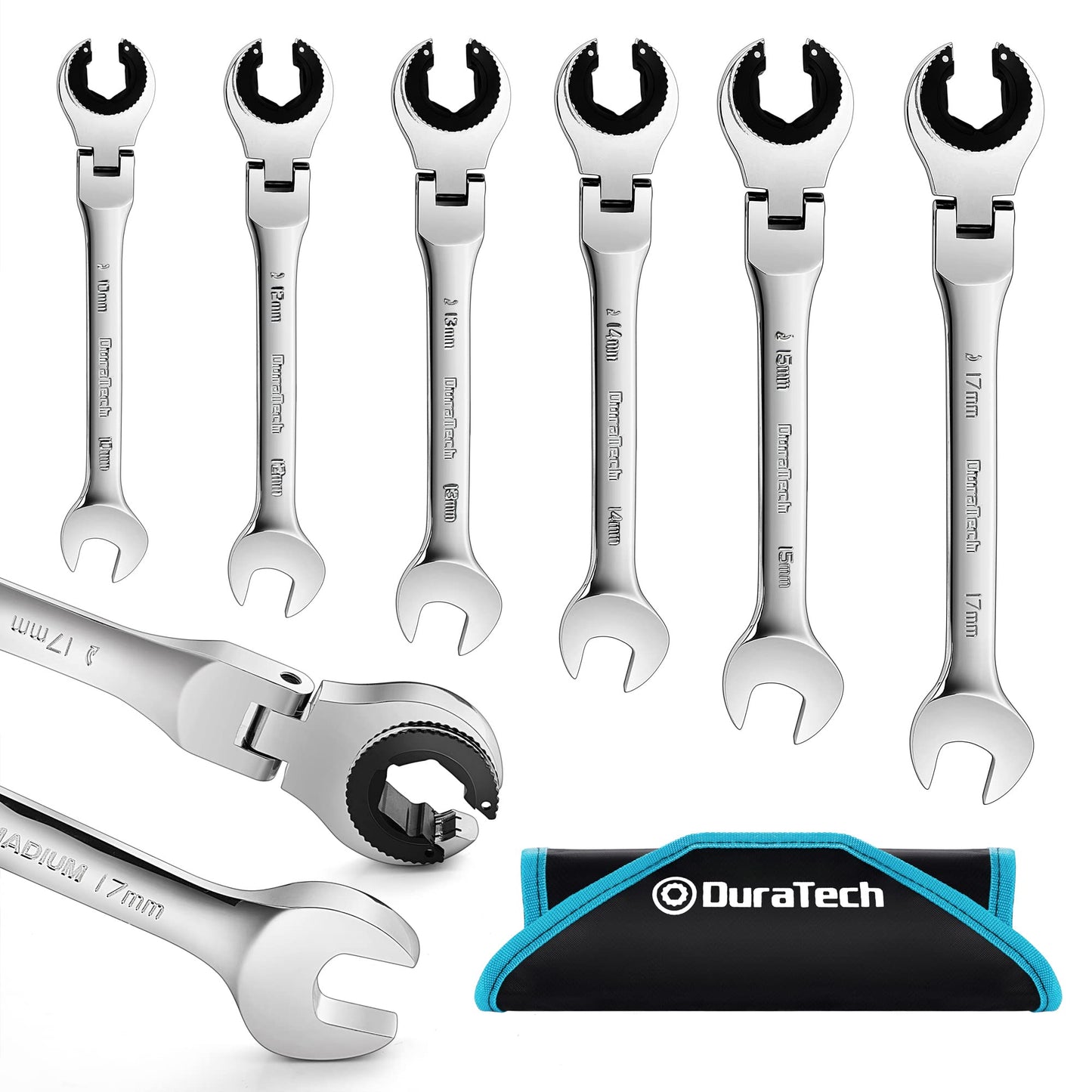 Ratcheting Wrench Set – 6PCS Metric – 10-17mm – 72-Tooth Flex Head – CR-V Steel – Open End – Organizer Bag