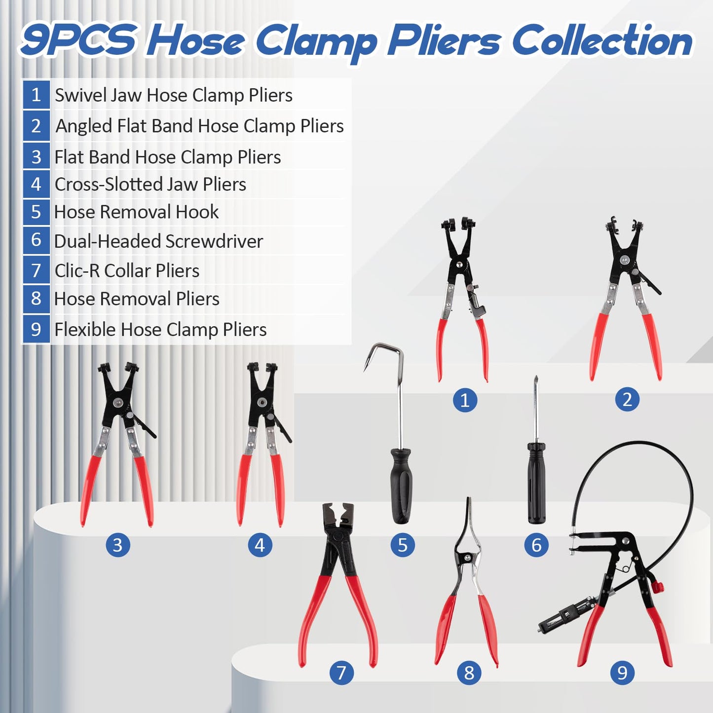 Hose Clamp Pliers Set – 9PCS Flexible Removal Tool Kit – Automotive Coolant Radiator Heater Water Hose Clamp Remover – Auto Repair Tool Kit