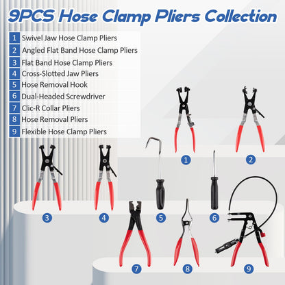 Hose Clamp Pliers Set – 9PCS Flexible Removal Tool Kit – Automotive Coolant Radiator Heater Water Hose Clamp Remover – Auto Repair Tool Kit