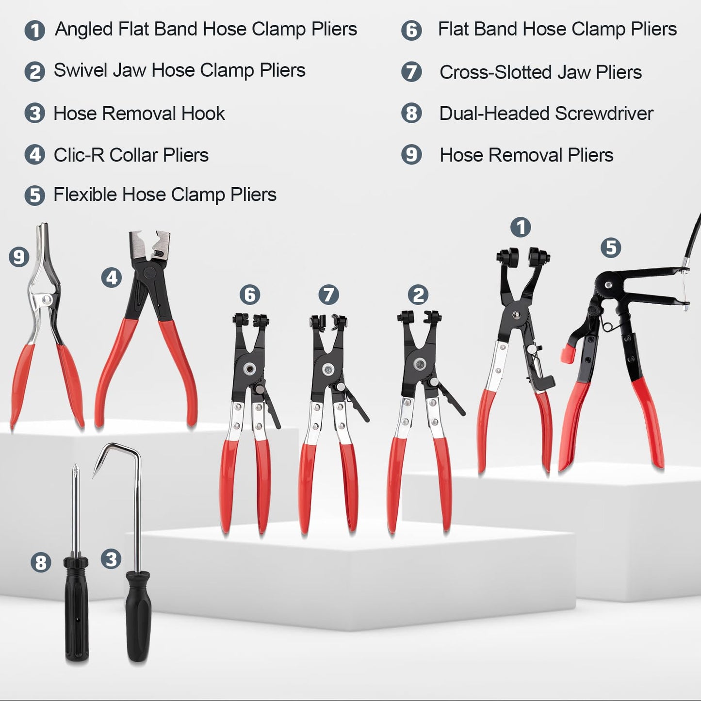 Hose Clamp Pliers Set – 9PCS Long Reach Removal Tool – Flexible Wire Clamp Pliers – Radiator & Coolant Hose Repair Kit – Automotive Tool Set