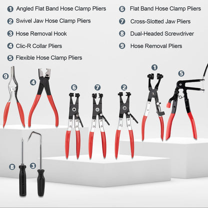 Hose Clamp Pliers Set – 9PCS Long Reach Removal Tool – Flexible Wire Clamp Pliers – Radiator & Coolant Hose Repair Kit – Automotive Tool Set