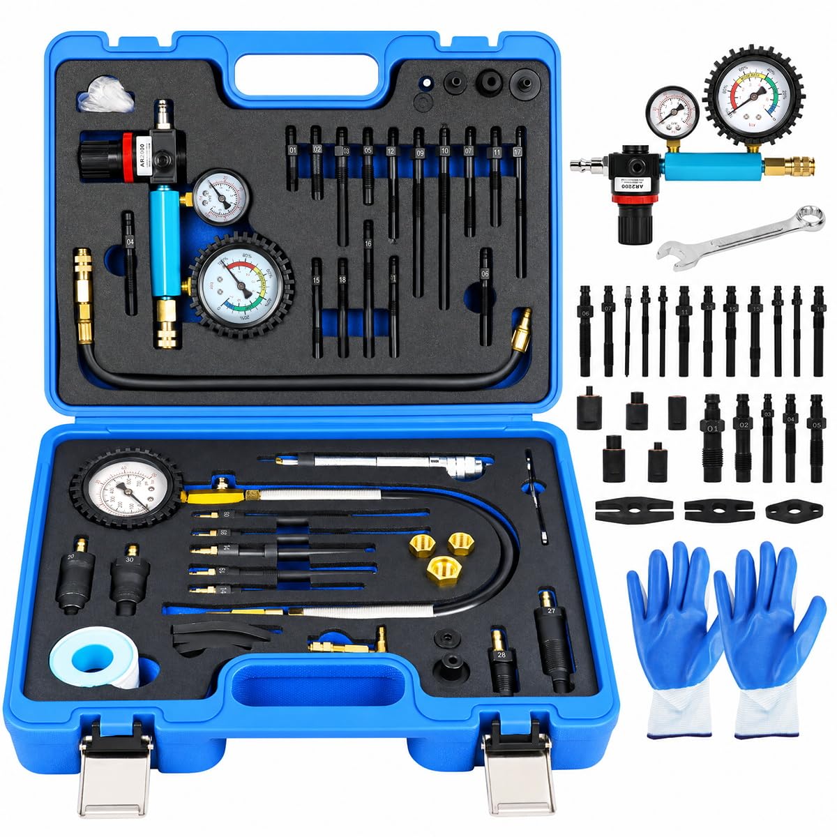 Diesel & Petrol Engine Compression Tester Kit – 47PCS Cylinder Leak Down Diagnostic Tool – Dual Gauge Compression Gauge – HDI TDCi Pumpe Duse Engine Test Kit – Automotive Maintenance Tool