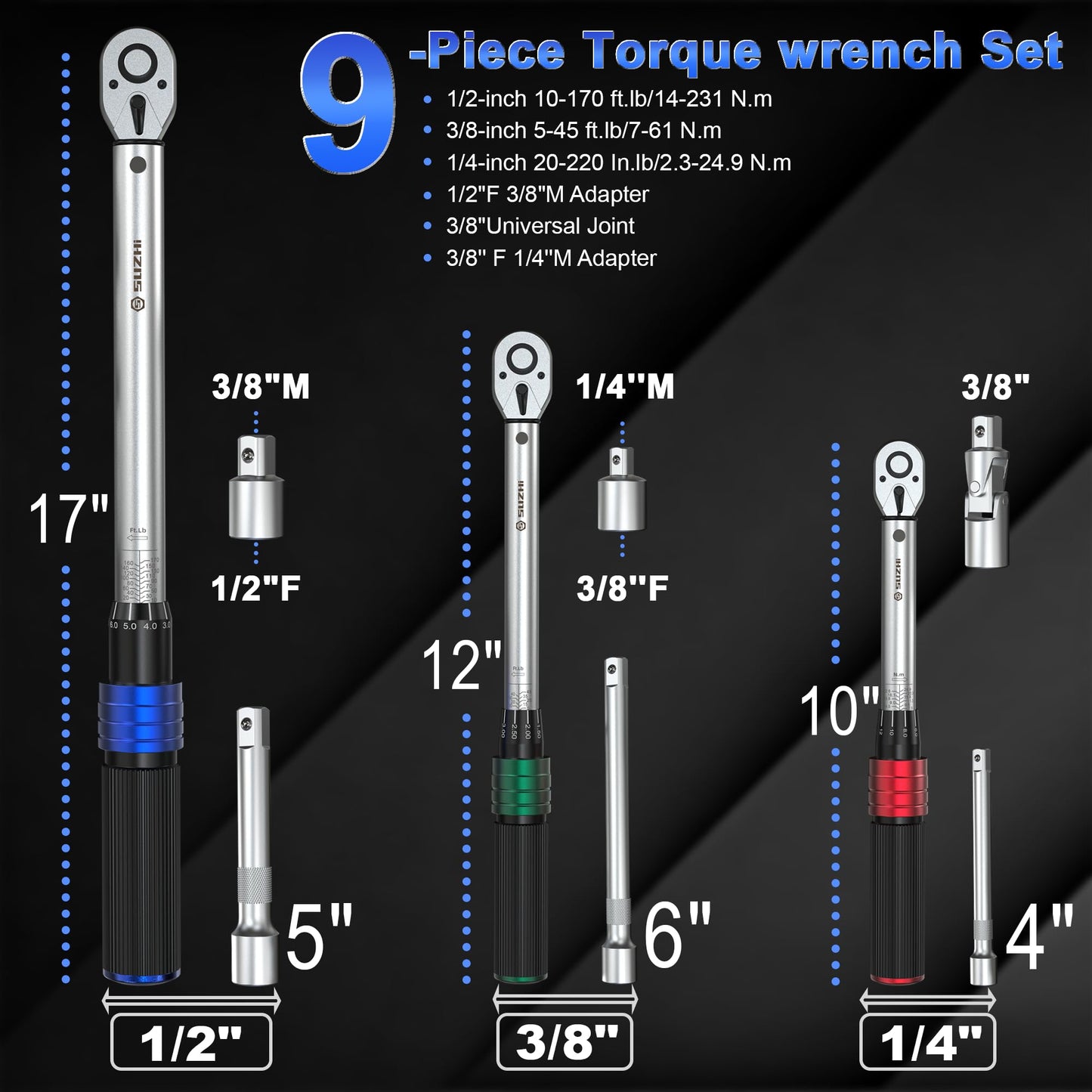 Torque Wrench Set – 1/4" 3/8" 1/2" Drive – 9PCS – 20-220 in-lb / 5-170 ft-lb – 72T – Extension & Adapter Kit – Precision Repair Tool