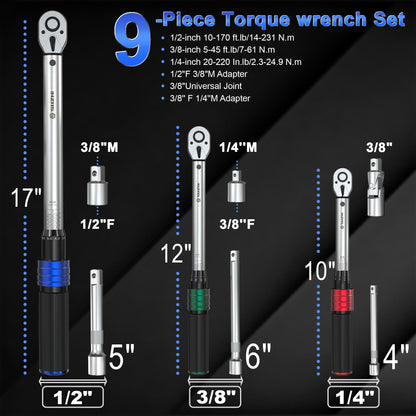 Torque Wrench Set – 1/4" 3/8" 1/2" Drive – 9PCS – 20-220 in-lb / 5-170 ft-lb – 72T – Extension & Adapter Kit – Precision Repair Tool