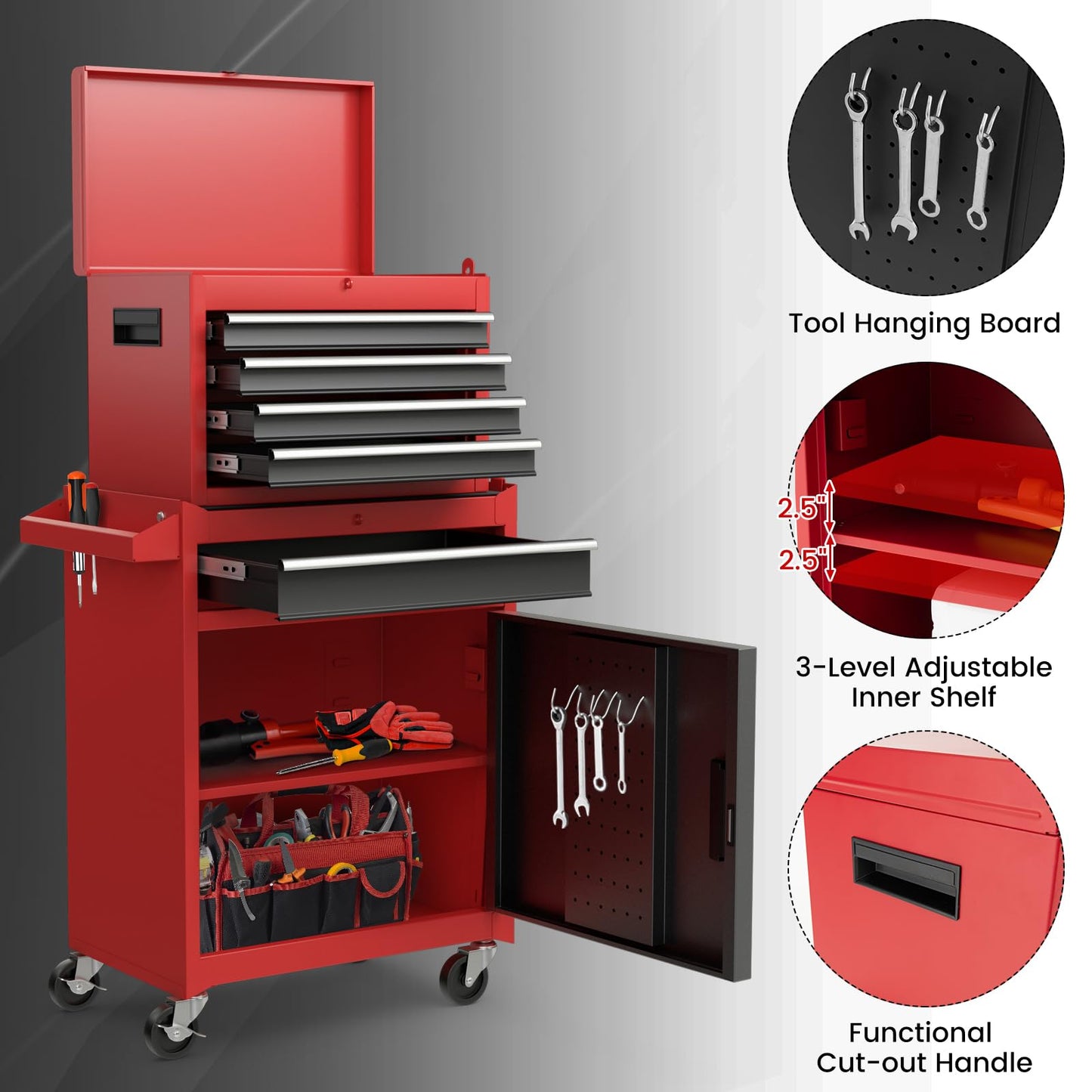 Rolling Tool Chest – 5 Drawer Tool Box – Lockable Wheels – Sliding Drawers – Detachable Top – Adjustable Shelf – Garage Workshop Storage Cabinet