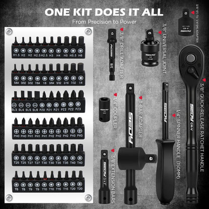 Mechanics Tool Set – 132PCS Socket Set – 1/4" & 3/8" Drive – SAE & Metric – Ratchet Wrenches – Extensions & Adapters – Auto Repair Kit