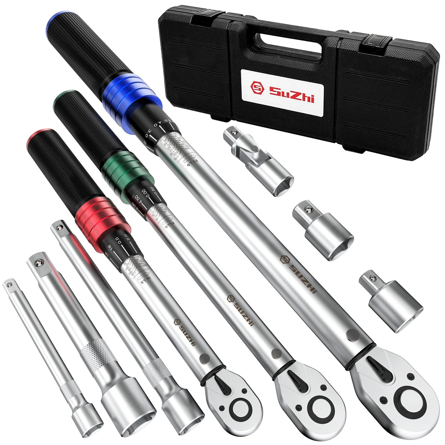 Torque Wrench Set – 1/4" 3/8" 1/2" Drive – 9PCS – 20-220 in-lb / 5-170 ft-lb – 72T – Extension & Adapter Kit – Precision Repair Tool