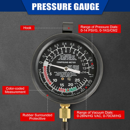Fuel Pump & Vacuum Tester Gauge Kit – Carburetor Pressure Diagnostic Tool – Fuel System Leakage Tester – Automotive Vacuum & Pressure Test Kit
