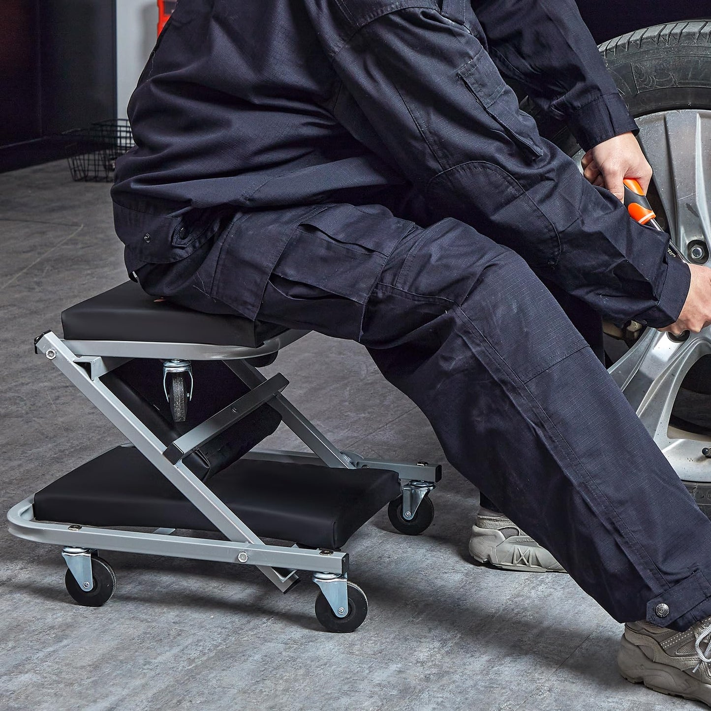 Z Creeper Seat – 2-in-1 Mechanic Creeper – 36" Low Profile Garage Seat – 300LB Capacity – Rolling Workshop Creeper – Automotive Repair Stool