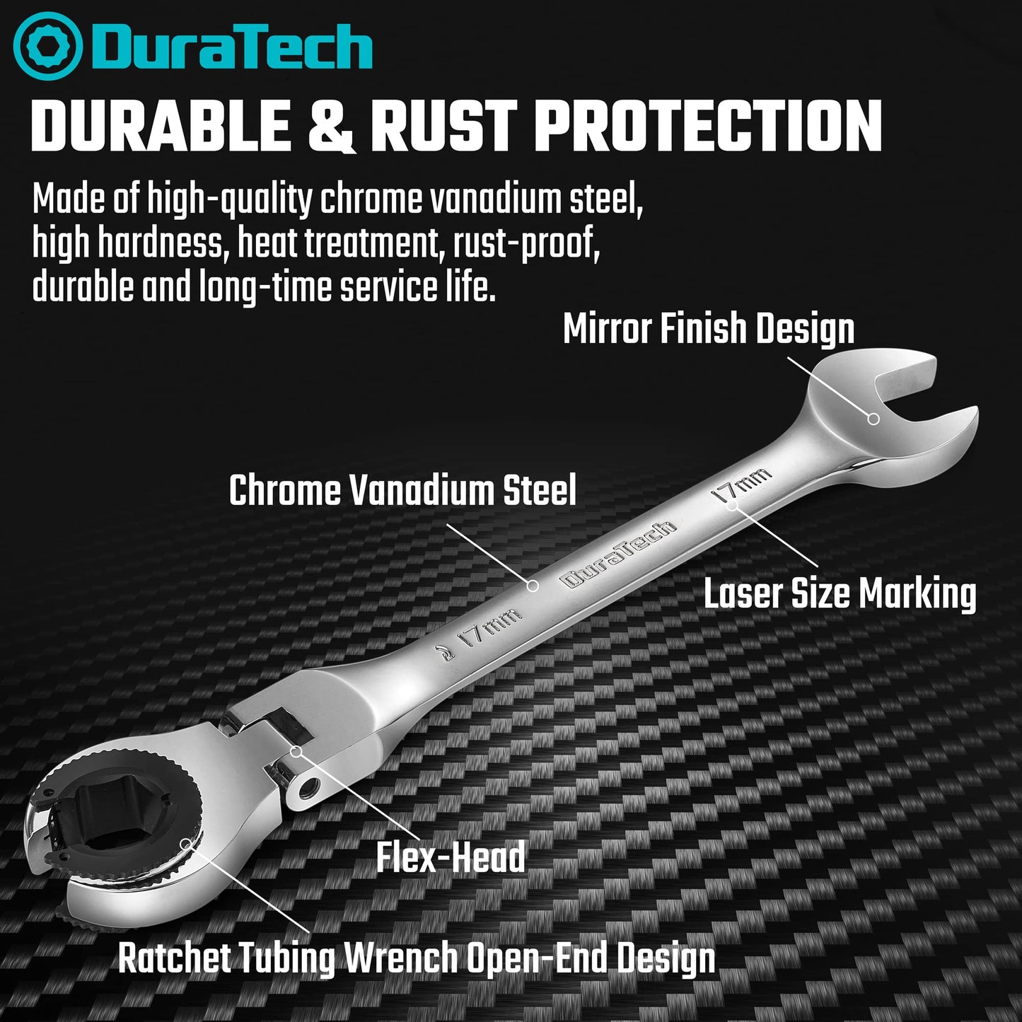 Ratcheting Wrench Set – 6PCS Metric – 10-17mm – 72-Tooth Flex Head – CR-V Steel – Open End – Organizer Bag