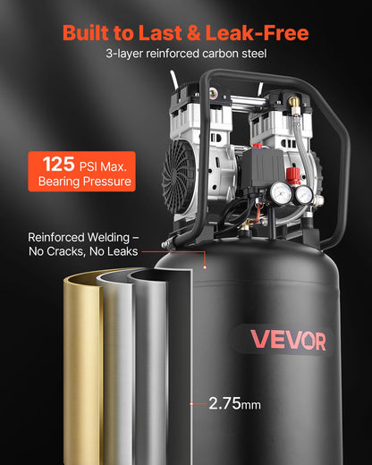 Air Compressor – 20 Gallon – 2HP – 125 PSI Max – Oil-Free – Portable Wheel Compressor – 4.5 CFM @ 90 PSI – Auto Repair & Workshop Tool