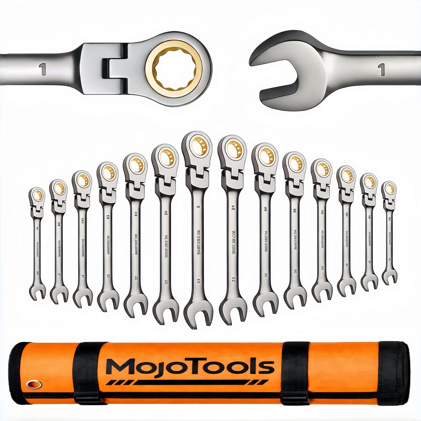 Ratcheting Wrench Set – 15PCS SAE – 1/4"–1" – 72-Tooth Flex Head – Cr-V Heavy Duty – Combination Wrenches – Organizer Roll Bag