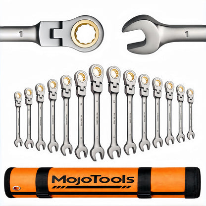 Ratcheting Wrench Set – 15PCS SAE – 1/4"–1" – 72-Tooth Flex Head – Cr-V Heavy Duty – Combination Wrenches – Organizer Roll Bag